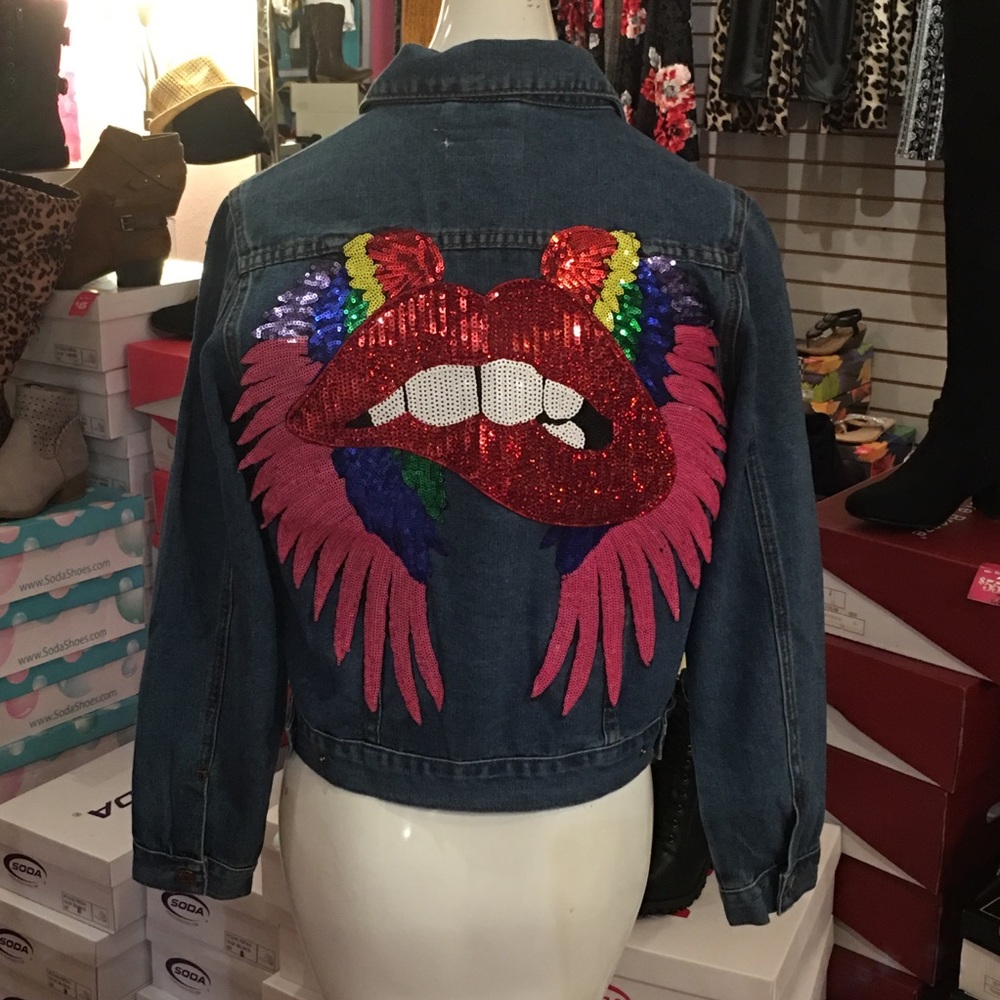 Pink, Rainbow Sequin Lips & Wings Denim Jacket - Picture 6 of 8